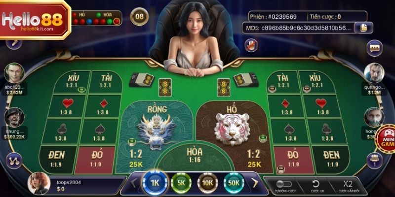 Bàn chơi rồng hổ online với hai cửa rồng và hổ hiển thị rõ ràng